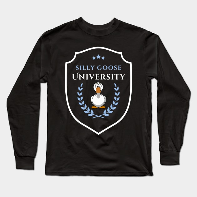 Silly Goose University - Angry Cartoon Goose Emblem With Blue Details Long Sleeve T-Shirt by Double E Design